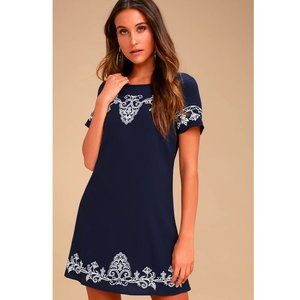NEW Lulu's Tale to Tell White and Navy Blue Embroidered Shift Dress